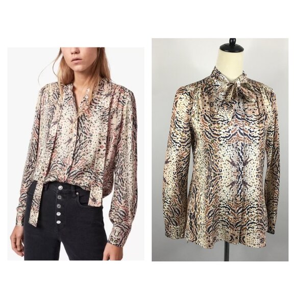 ALL SAINTS Ecru White Print TONI Long Sleeve Arietta Tie Collar Button Shirt - Picture 1 of 13
